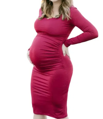 Liv Maternity Ruched Stretch Long-sleeve Dress In Burgundy In Pink