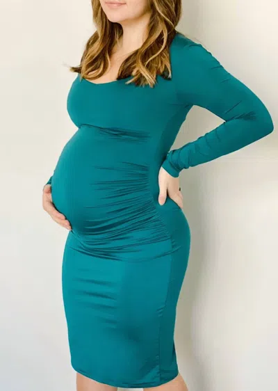 Liv Maternity Ruched Stretch Long-sleeve Dress In Turquoise In Blue