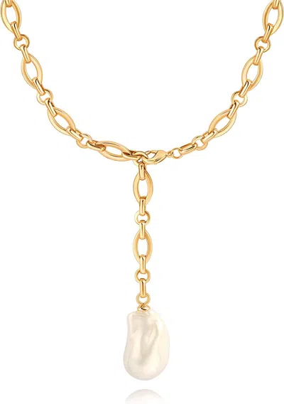 Liv Oliver 18k Gold Fancy Link Baroque Pearl Drop Necklace