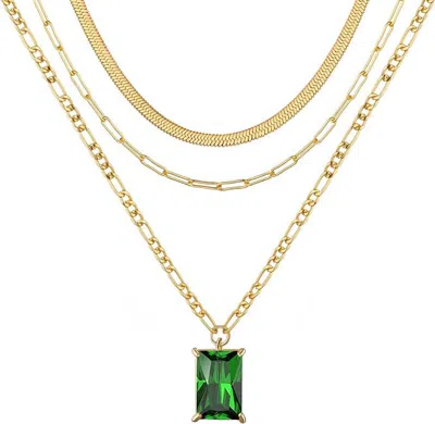 Liv Oliver 18k Gold Multi Layer Emerald Cut Green Necklace