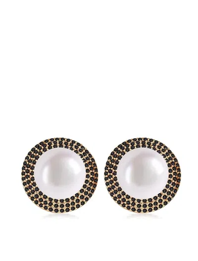 Liv Oliver 18k Gold Pearl Black Embellished Stud Earrings In Silver