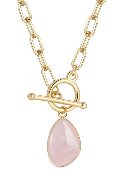 Liv Oliver 18k Gold Plated Rose Quartz Geometric Drop Necklace In Pink