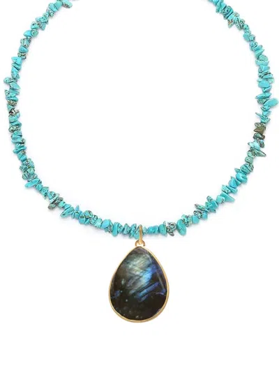 Liv Oliver 18k Gold Turquoise & Labradorite Gemstone Pear Drop Necklace In Blue