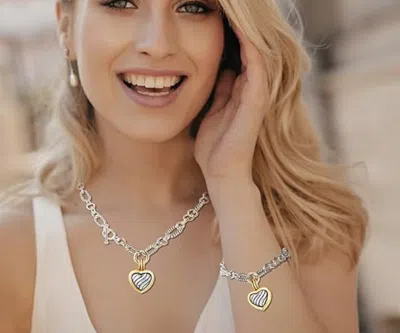 Liv Oliver 18k Gold Two Tone Textured Link Love Charm Bracelet In Silver