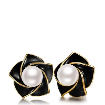 Liv Oliver 18k Gold White Pearl & Black Enamel Post Earrings In Silver