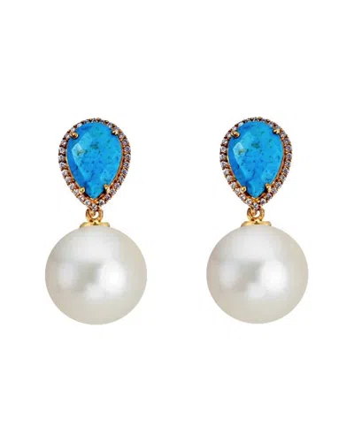 Liv Oliver 18k Over Silver 8.00 Ct. Tw. Turquoise 12mm Pearl Cz Drop Earrings In Blue