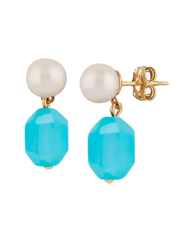 Liv Oliver 18k Plated 10.75 Ct. Tw. Chlacedony & 45418mm Pearl Geometric Earrings In Blue
