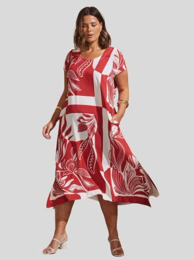 Live Unlimited Abstract Leaf Print Hanky Hem Dress In Red