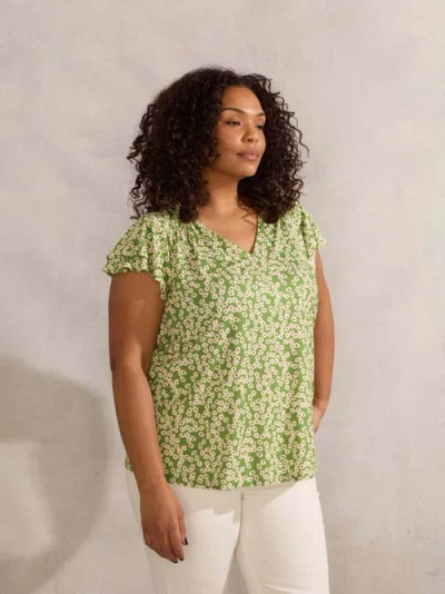 Live Unlimited Ditsy Jersey Flutter Sleeve Top In Green