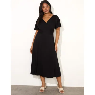 Live Unlimited Ditsy Jersey Flutter Sleeve  Wrap Dress In Black