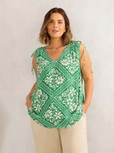 Live Unlimited Drawstring Printed Top In Green