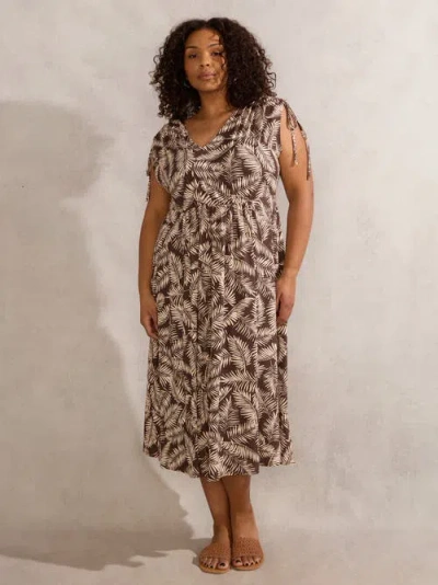 Live Unlimited Leaf Print Drawstring Sleeve Dress In Brown