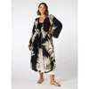 Live Unlimited Leaf Print Longline Drawstring Kimono In Black