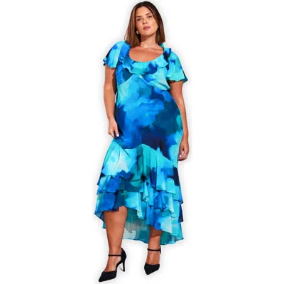 Live Unlimited Short Sleeve Scoop Neck Ruffle Dress In Blue