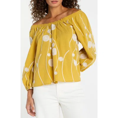 Liverpool Embroidered Off The Shoulder Woven Cotton Top In Yellow