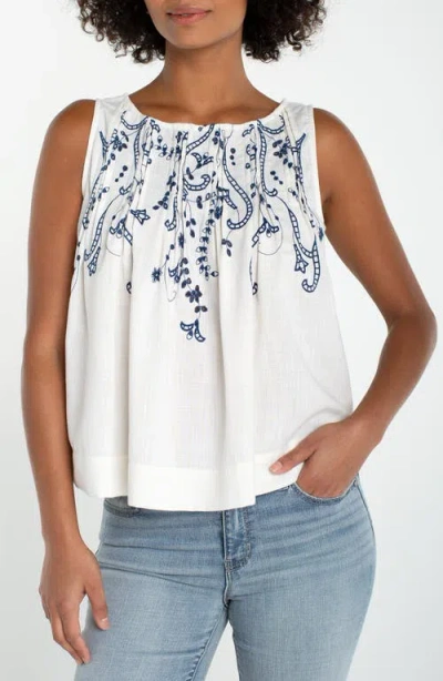 Liverpool Embroidered Pintuck Cotton Top In White