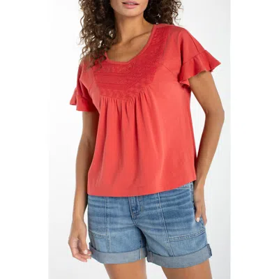 Liverpool Embroidered Yoke Flutter Sleeve Top In Multi