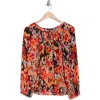 Liverpool Floral Long Sleeve Shirred Woven Top In Orange