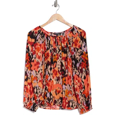 Liverpool Floral Long Sleeve Shirred Woven Top In Orange