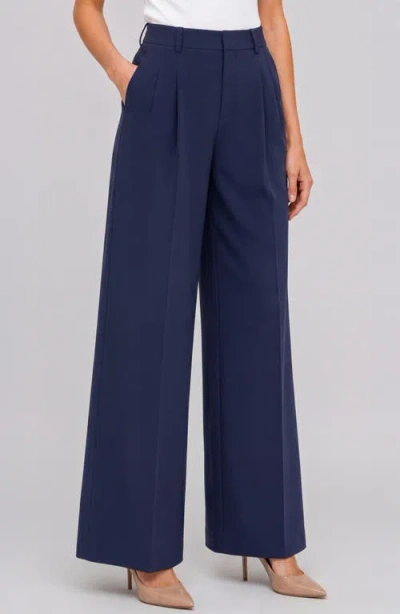 Liverpool High Waist Pleated Wide Leg Ankle Pants In Blue