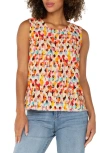 Liverpool Los Angeles Abstract Print Sleeveless Fray Hem Shell In Red Watercolor Dots Multi