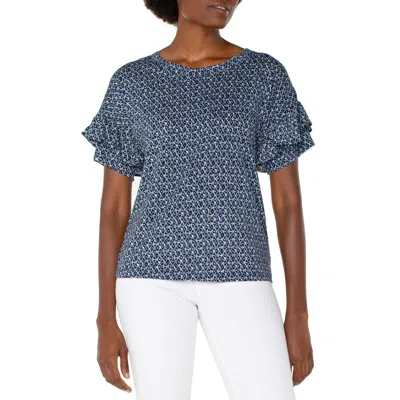 Liverpool Los Angeles Petite Ruffled-sleeve Knit Top In Blue