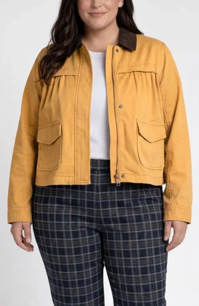 Liverpool Los Angeles Cotton Blend Swing Jacket With Faux Leather Collar In Yellow