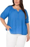 Liverpool Los Angeles Liverpool Plus Size Woven Split-neck Puff-sleeve Blouse In Cobalt Blue