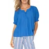 Liverpool Los Angeles Liverpool Plus Size Woven Split-neck Puff-sleeve Blouse In Cobalt Blue