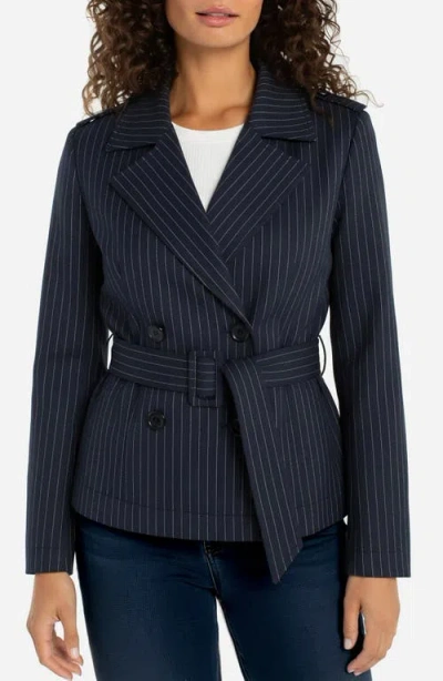 Liverpool Los Angeles Crop Pinstripe Trench Jacket In Blue