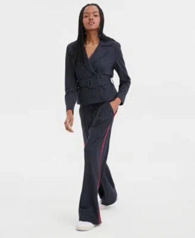 Liverpool Los Angeles Cropped Trench Jacket Built In Bra Top Pleated Trousers In Blue