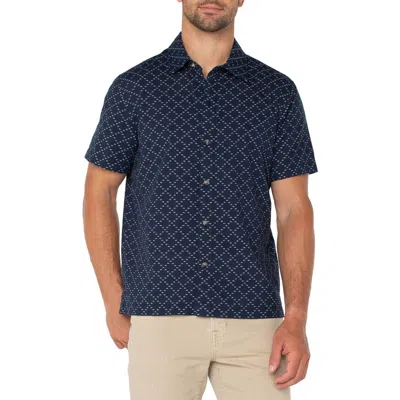 Liverpool Los Angeles Embroidered Geo Pattern Short Sleeve Cotton Button-up Shirt In Blue
