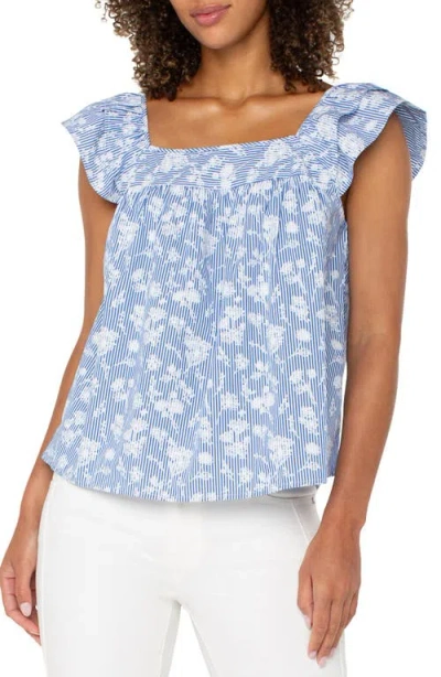 Liverpool Los Angeles Embroidered Ruffle Sleeve Top In Blue White Flower Stripe