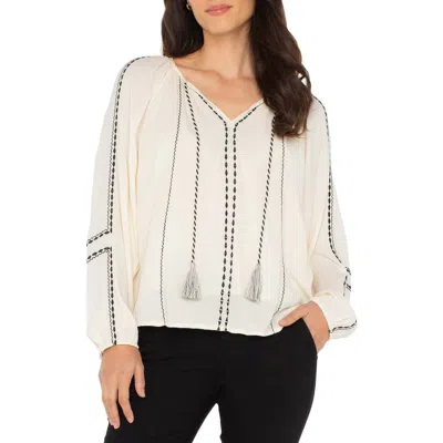 Liverpool Los Angeles Embroidered Tie Neck Top In White
