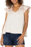 Liverpool Los Angeles Flutter Sleeve Top In Bone W/multi Embroidered