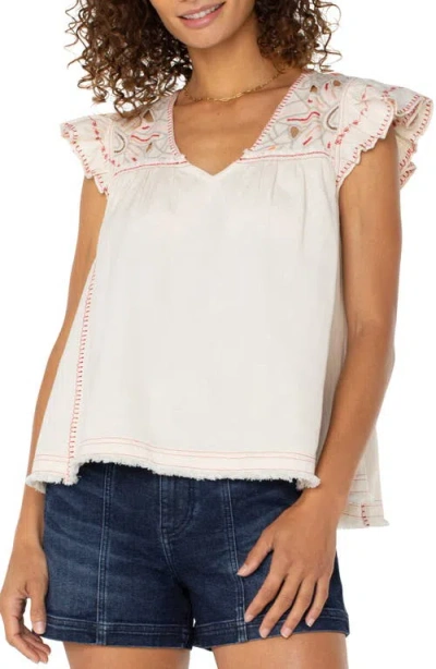 LIVERPOOL LOS ANGELES LIVERPOOL LOS ANGELES EMBROIDERED YOKE FLUTTER SLEEVE WOVEN SHIRT