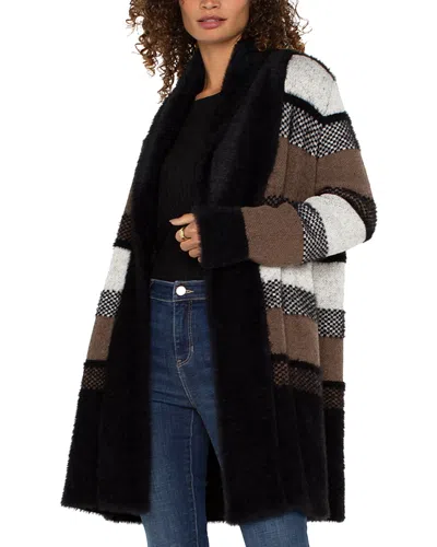 Liverpool Los Angeles Faux Fur Trim Cardigan Coat In Black Tan Multi