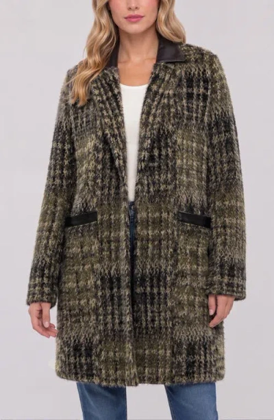 Liverpool Los Angeles Faux Leather Trim Plaid Sweater Coat In Green