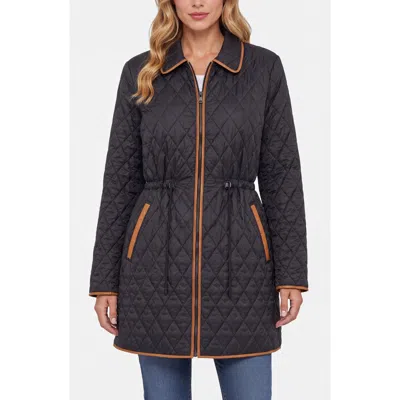 Liverpool Los Angeles Faux Leather Trim Quilted Coat With Cinch Waist In Black