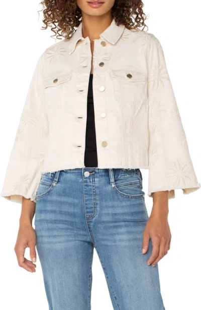 Liverpool Los Angeles Floral Embroidered Raw Edge Trucker Jacket In Ecru Abstract Floral