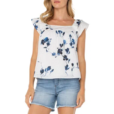 Liverpool Los Angeles Floral Flutter Sleeve Top In Indigo Rose