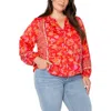 Liverpool Los Angeles Liverpool Plus Size Printed Blouson-sleeve Button-front Blouse In Red Orange Floral