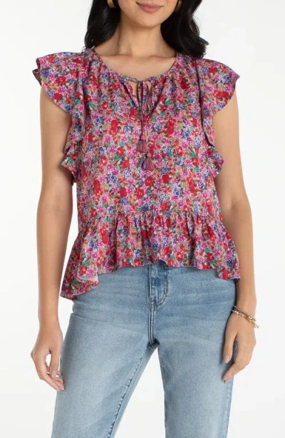 Liverpool Los Angeles Floral Print Flutter Sleeve Peplum Top In Multi