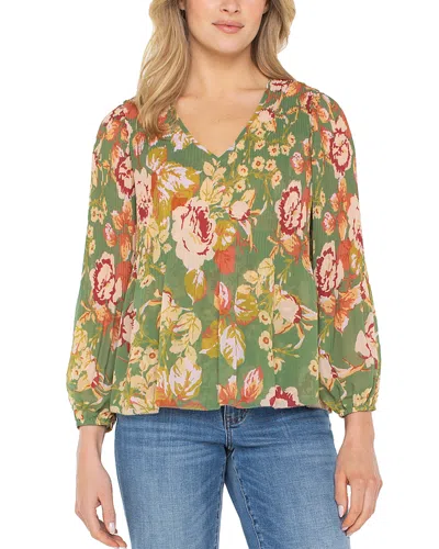 Liverpool Los Angeles Long Sleeve Pleated V-neck Top In Multi