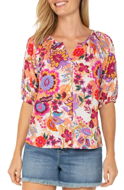 Liverpool Los Angeles Floral Puff Sleeve Button-up Top In Floral Paradise Multi