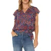 Liverpool Los Angeles Floral Ruffle Sleeve Top In Blue Pink Floral