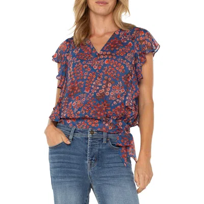 Liverpool Los Angeles Floral Ruffle Sleeve Top In Blue Pink Floral