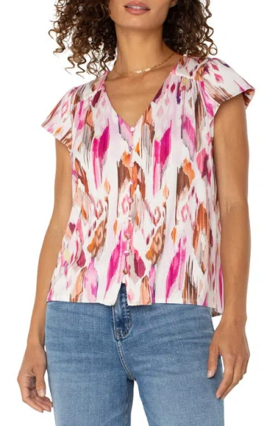 Liverpool Los Angeles Flutter Sleeve Knit Button-up Shirt In Pink Printed Ikat