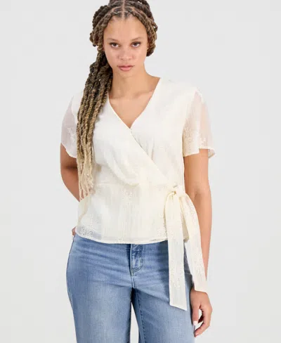 Liverpool Los Angeles Juniors' Wrap-front Short-sleeve Woven Blouse In White