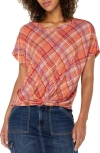 Liverpool Los Angeles Knot Front Plaid Knit Top In Clementine Multi Plaid